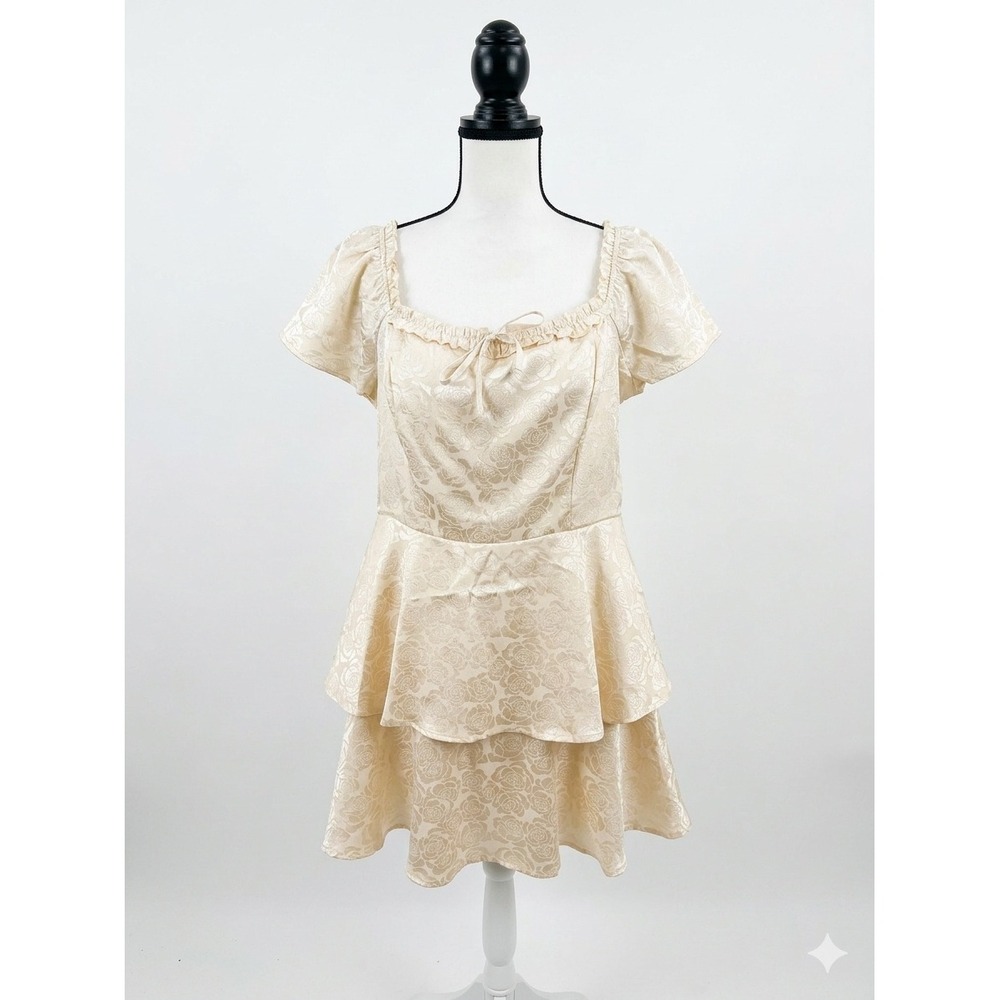 Francesca's Cream Rose Jacquard‎ Tiered Mini Dress Smocked Back XL NEW